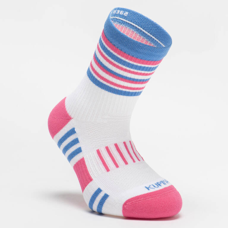 Kids' Socks AT 500 Mid 2-Pack - Plain Pink and White Pink Blue Stripes