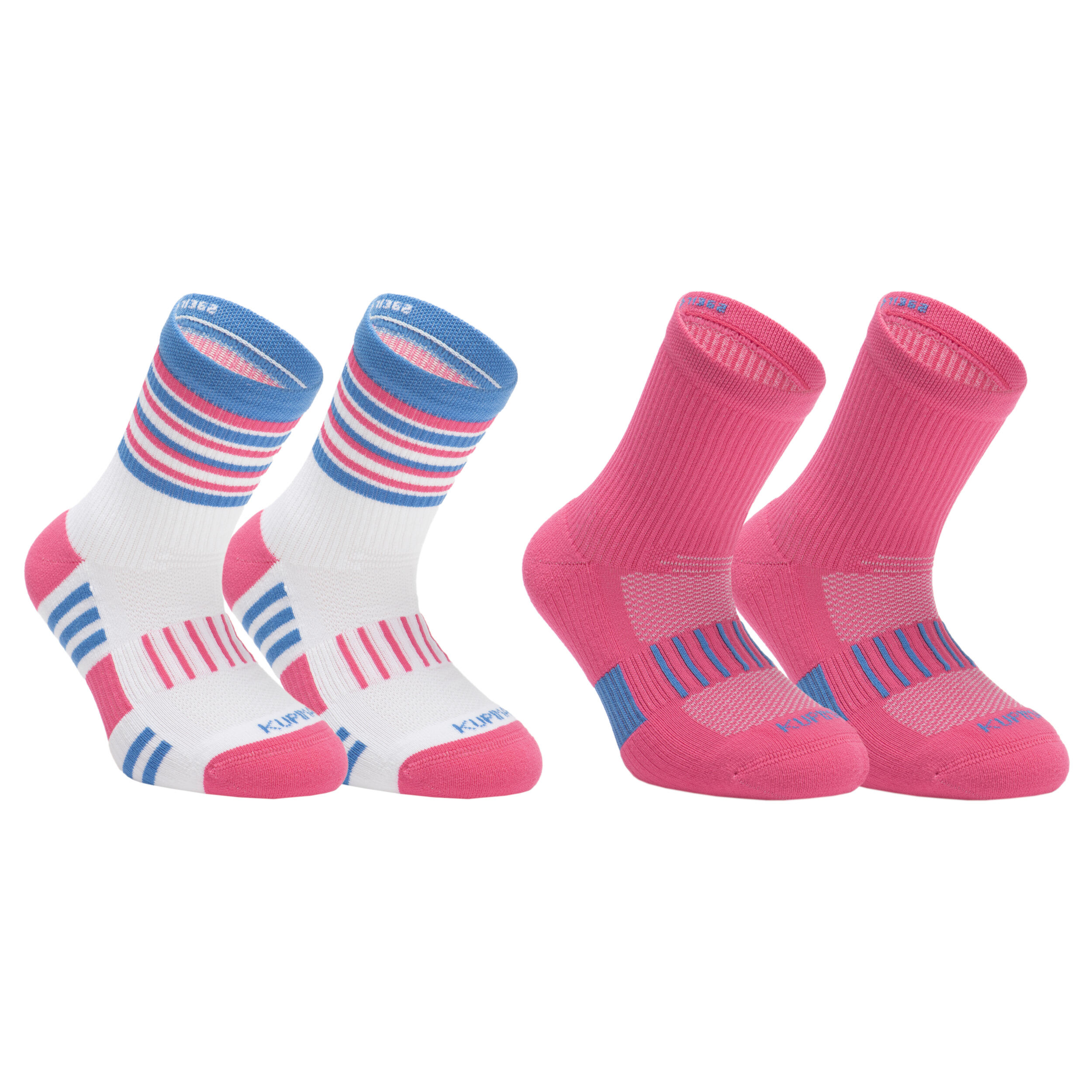 KIPRUN Kids' Socks AT 500 Mid 2-Pack - Plain Pink and White Pink Blue Stripes