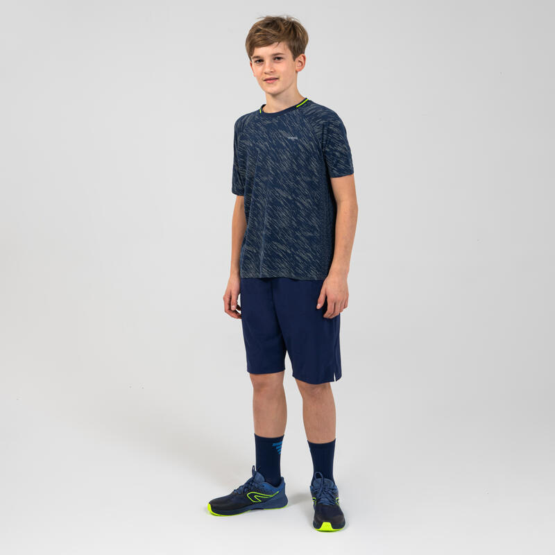 Kindershirt met korte mouwen voor hardlopen en atletiek Care marineblauw/geel