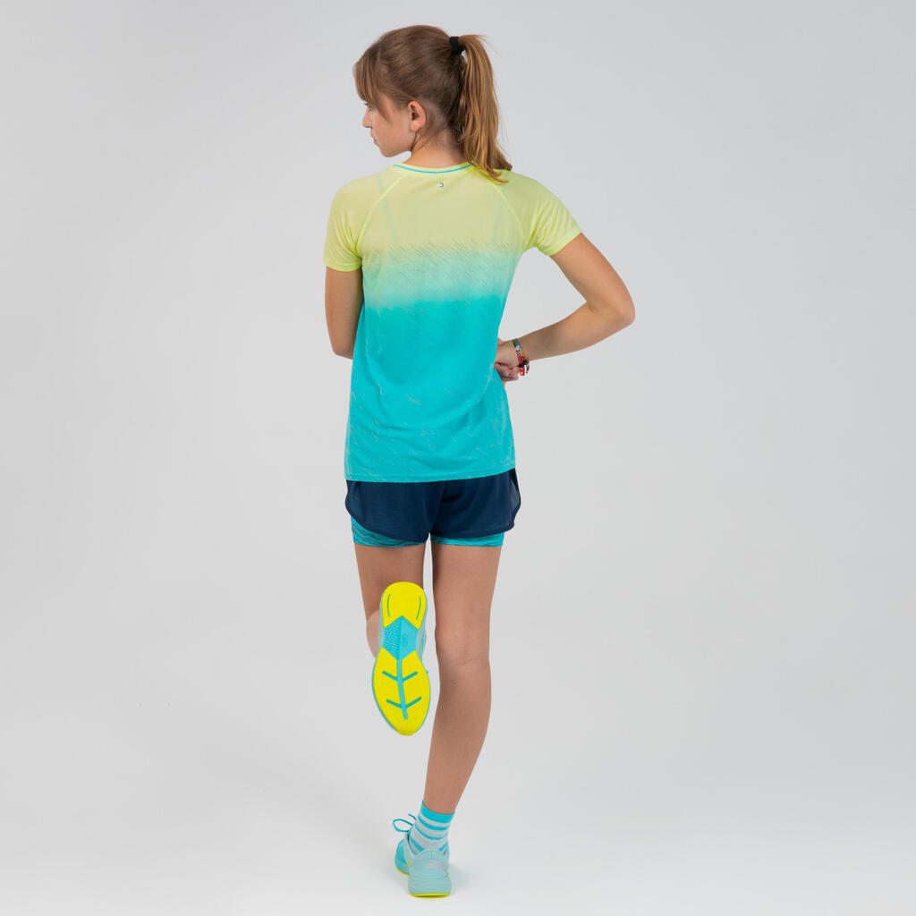 AT 500 Girl's 2-in-1 Running and Athletics Shorts - Navy/Green