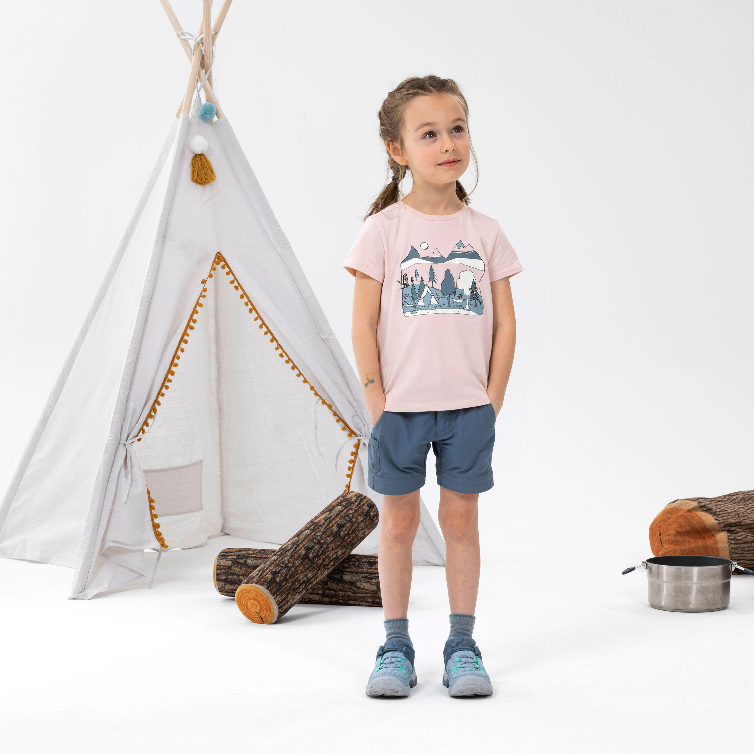 Kids' Hiking T-Shirt - MH100 KID Aged 2-6 - Phosphorescent Pale Pink 2/4