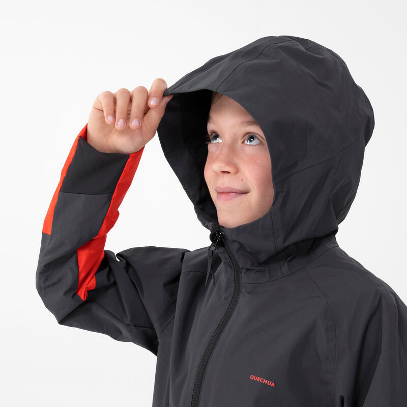Wandelregenjas voor kinderen MH500 grijs/rood 7-15 jaar