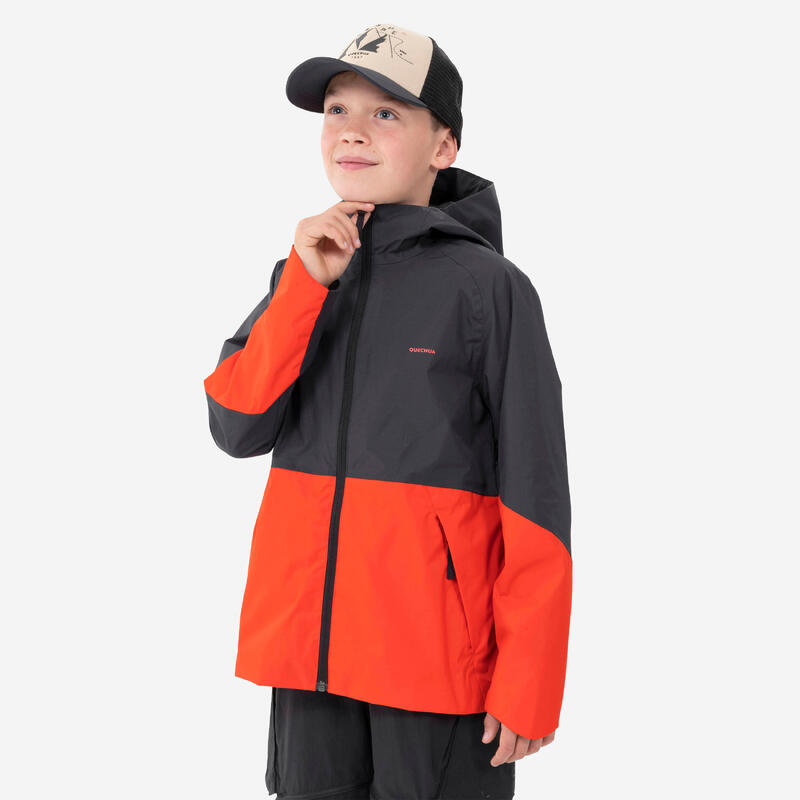 Wandelregenjas voor kinderen MH500 7-15 jaar grijs/rood