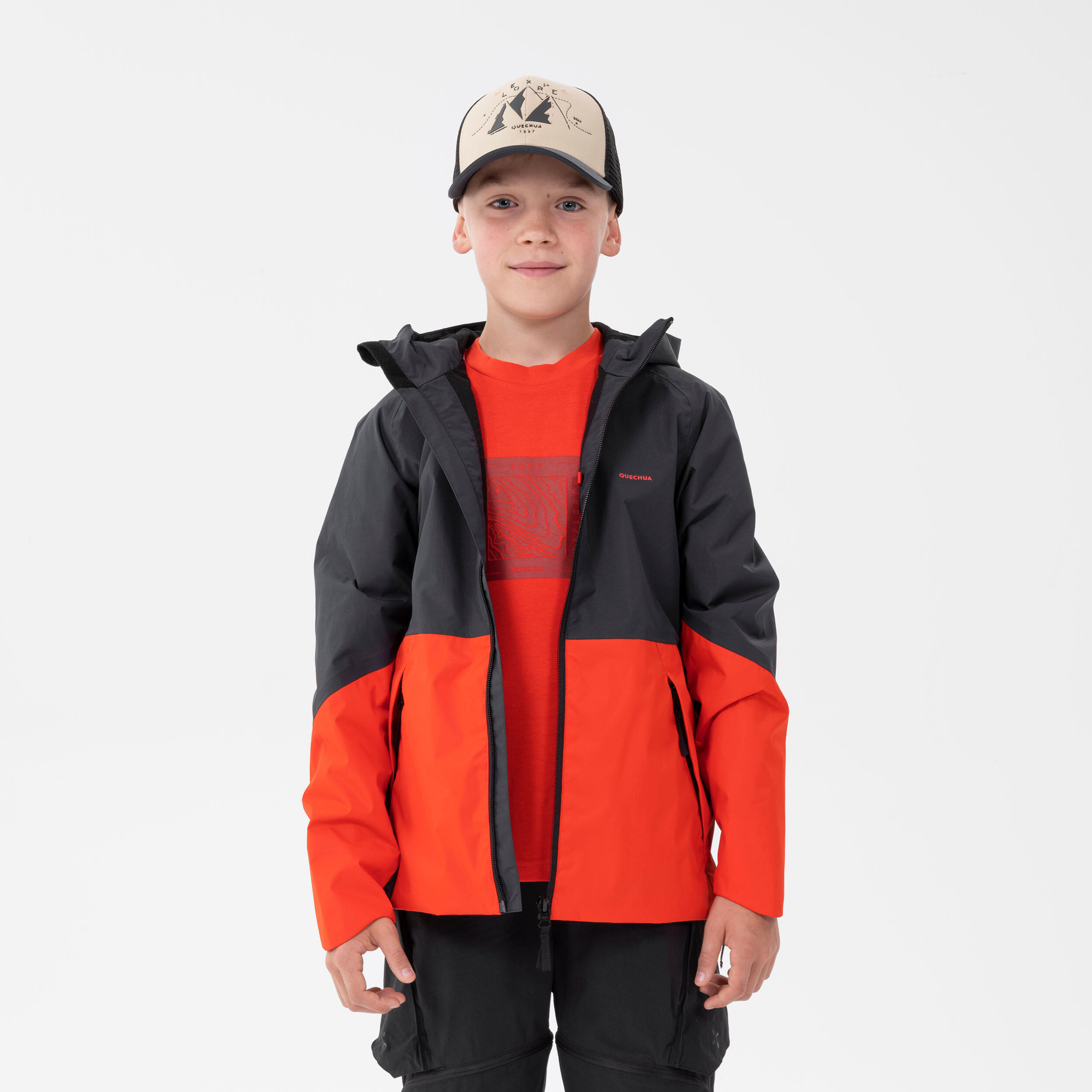 Veste impermeable de randonnee MH500 grise et rouge enfant 7 15 ans QUECHUA Decathlon