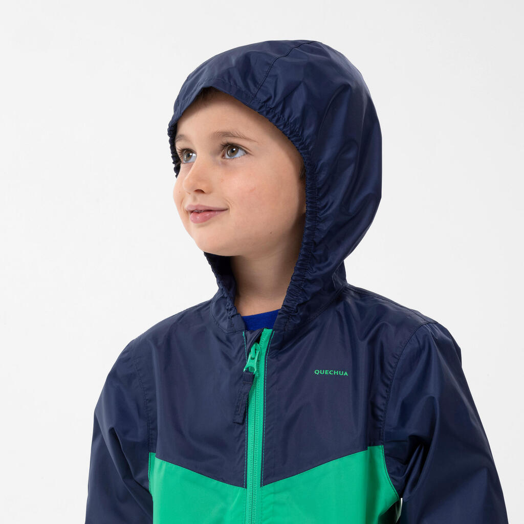 Regenjacke Kleinkinder Grösse 92–116 wasserdicht Wandern - MH100 Zip grün/blau  