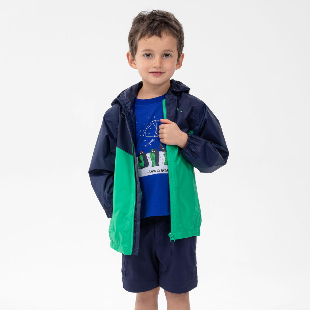 Regenjacke Kleinkinder Grösse 92–116 wasserdicht Wandern - MH100 Zip grün/blau  