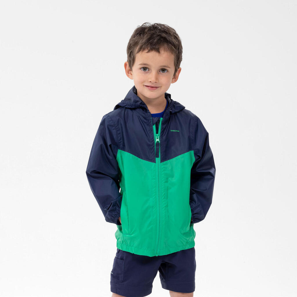 Regenjacke Kleinkinder Grösse 92–116 wasserdicht Wandern - MH100 Zip grün/blau  