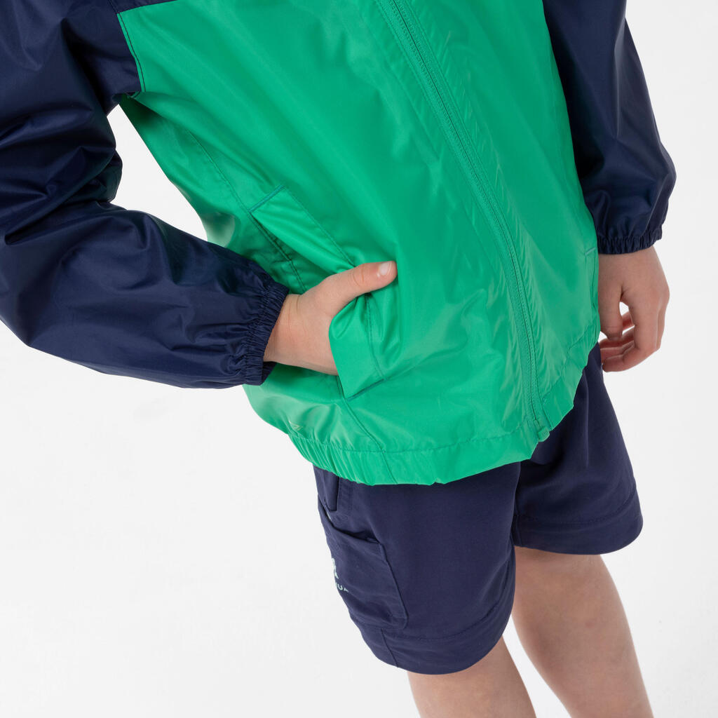 Regenjacke Kleinkinder Grösse 92–116 wasserdicht Wandern - MH100 Zip grün/blau  