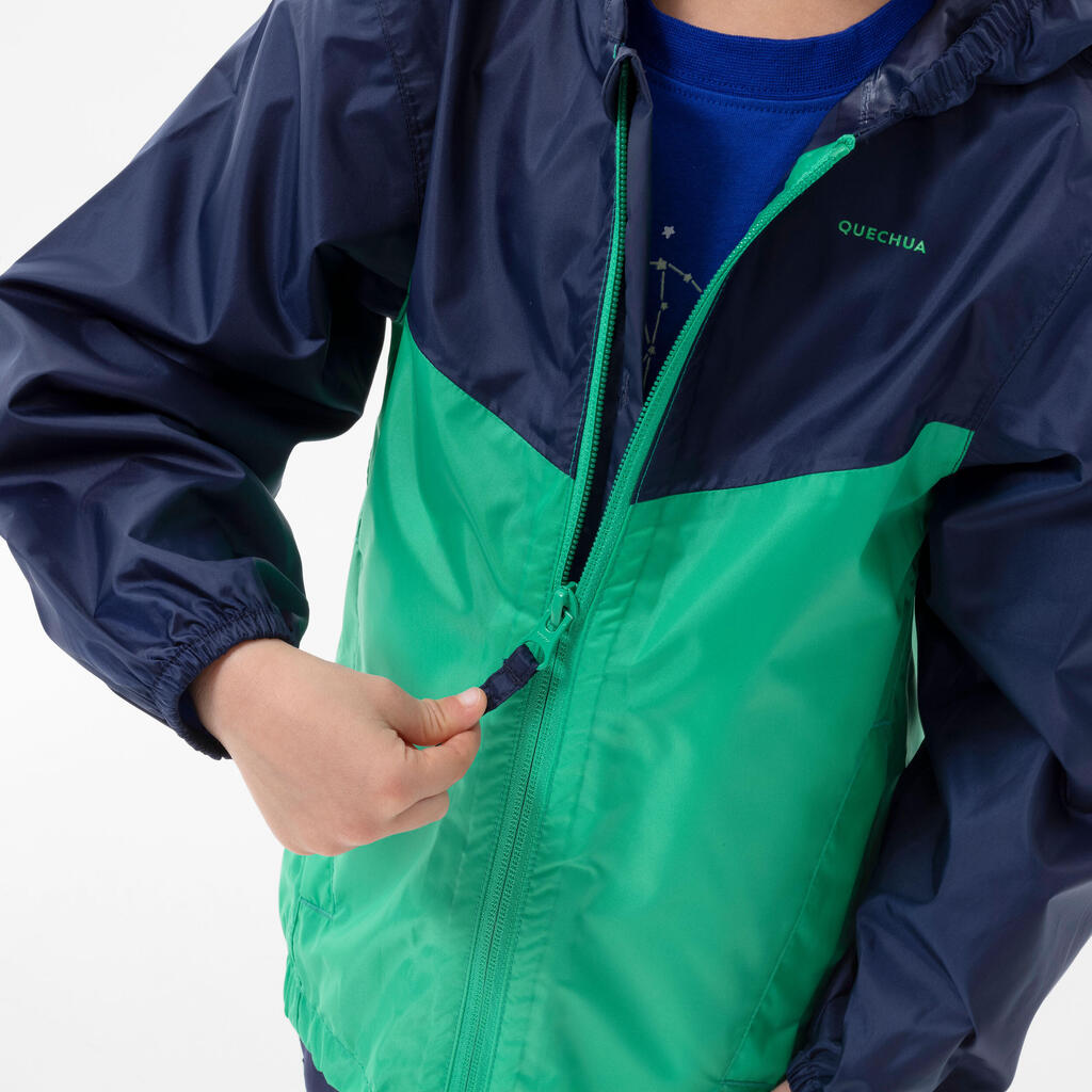 Regenjacke Kleinkinder Grösse 92–116 wasserdicht Wandern - MH100 Zip grün/blau  