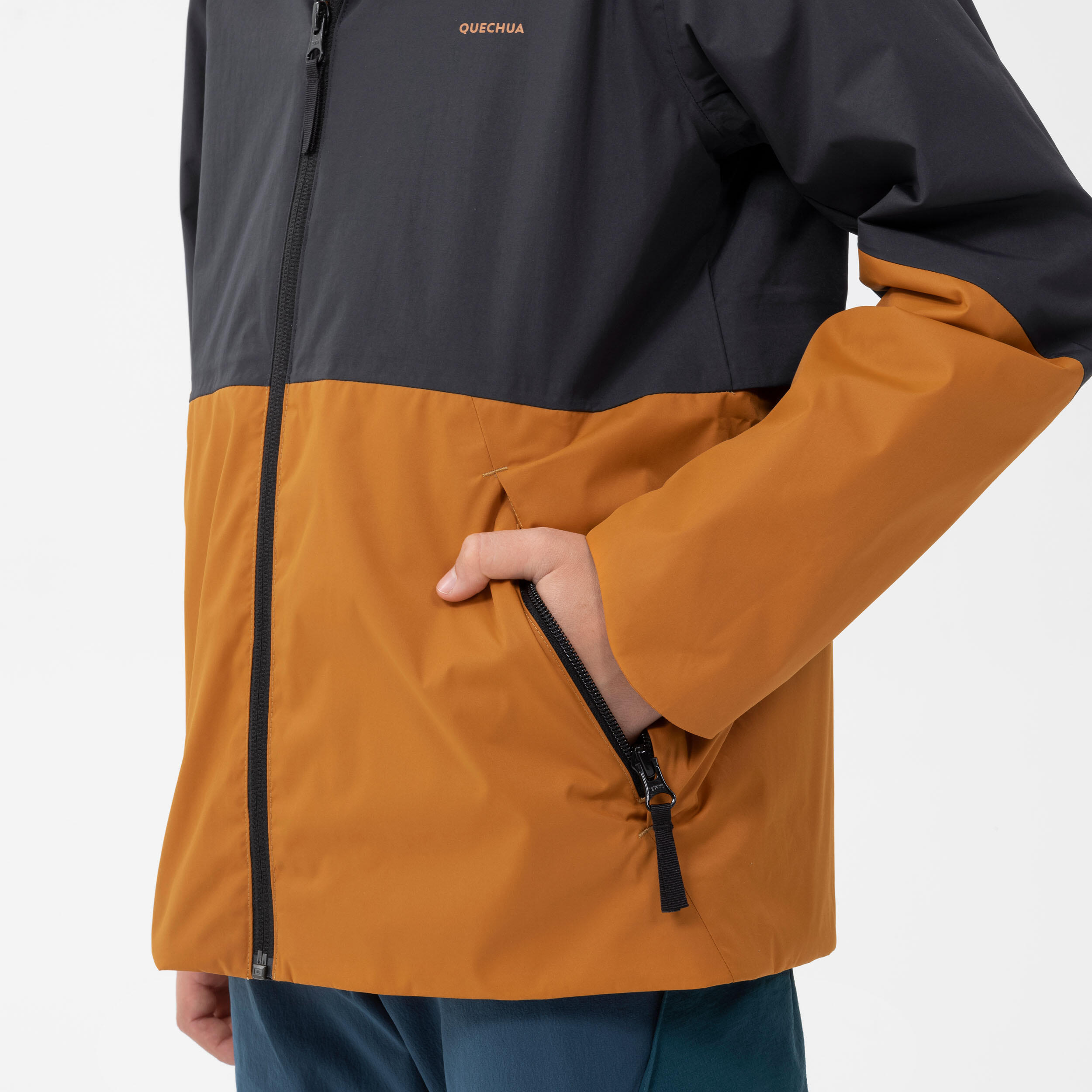 Kids’ Waterproof Hiking Jacket - MH500 Aged 7-15 - Grey and Ochre 8/9