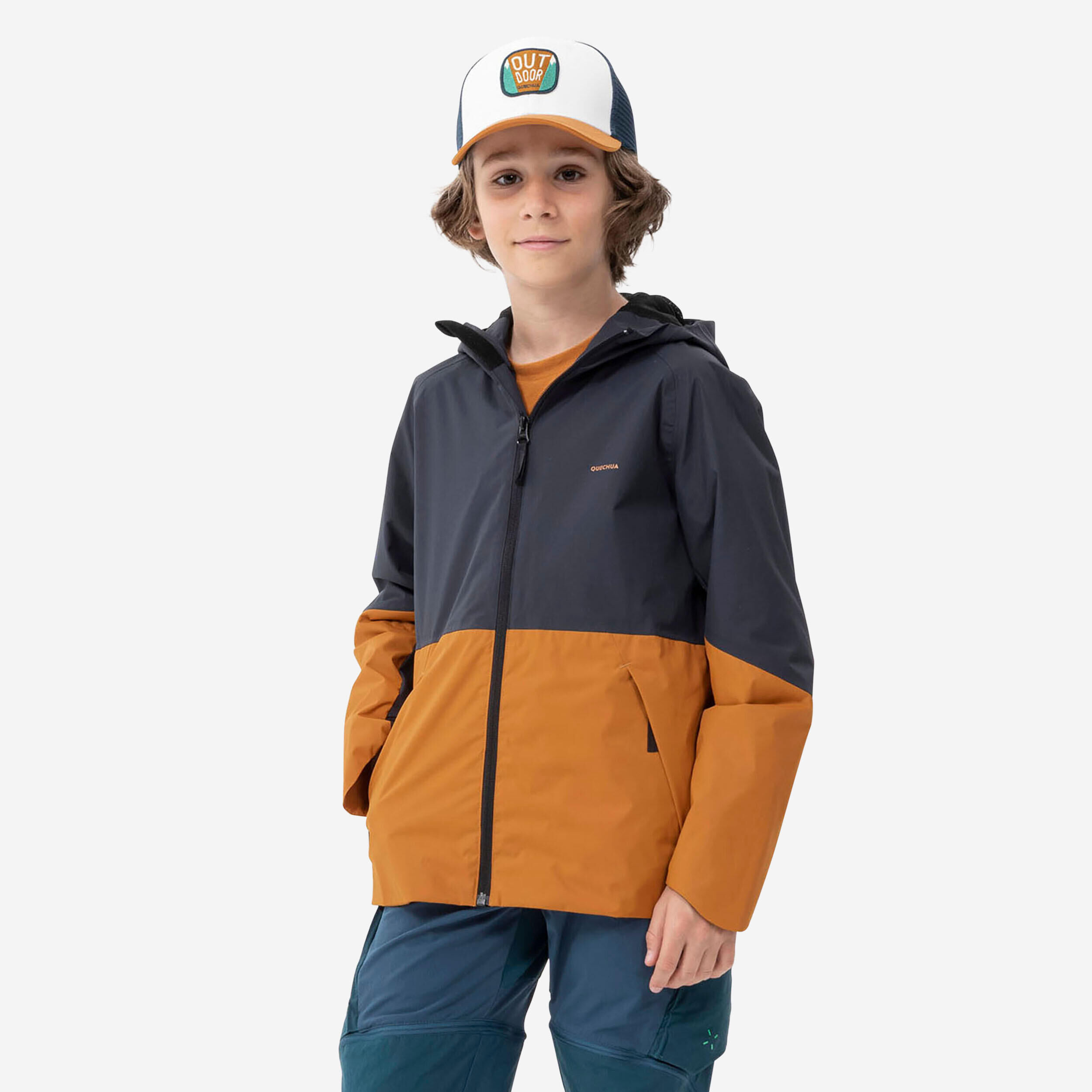 QUECHUA Kids’ Waterproof Hiking Jacket - MH500 Aged 7-15 - Grey and Ochre
