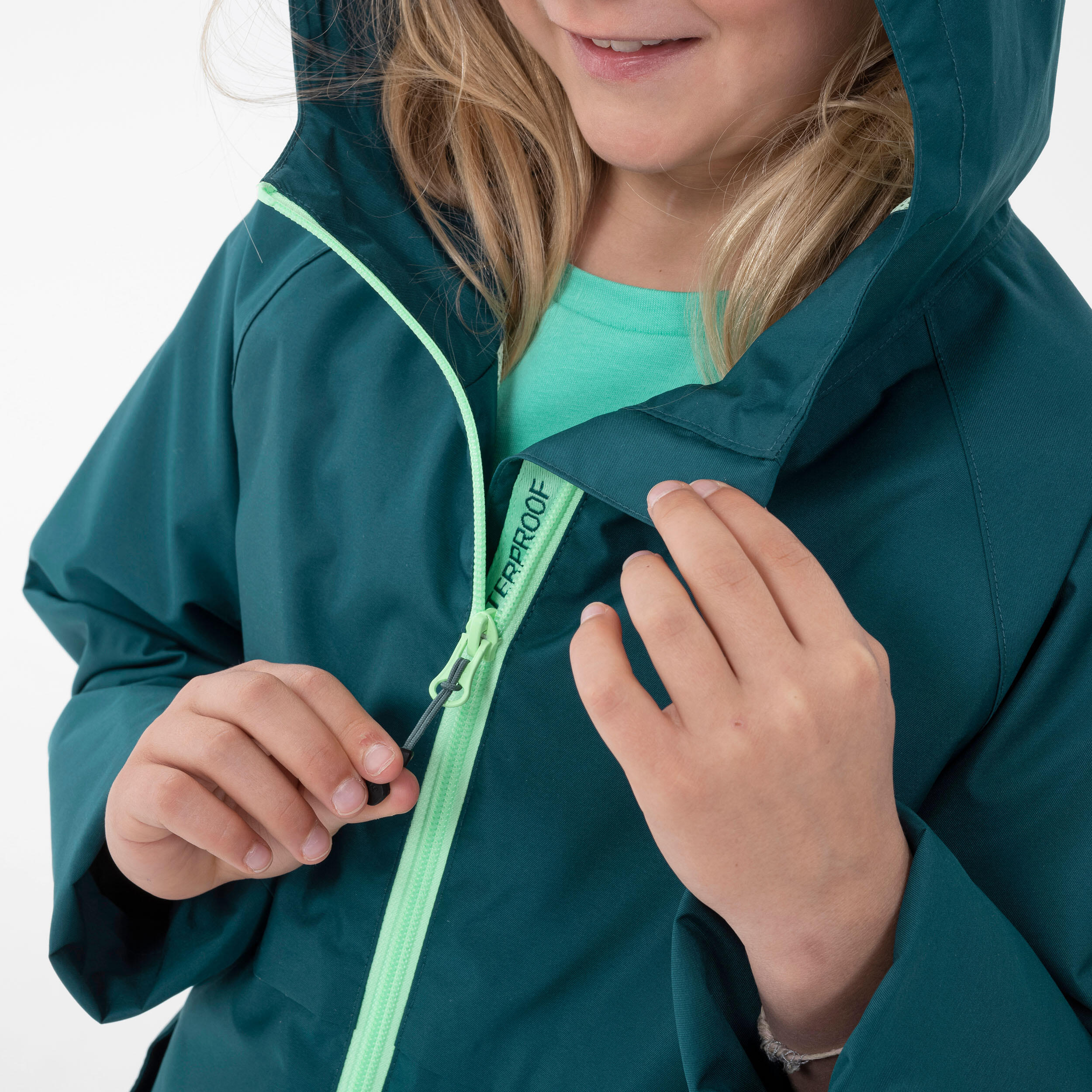 Kids’ Hiking Waterproof Jacket MH500 7-15 Years - green  7/13