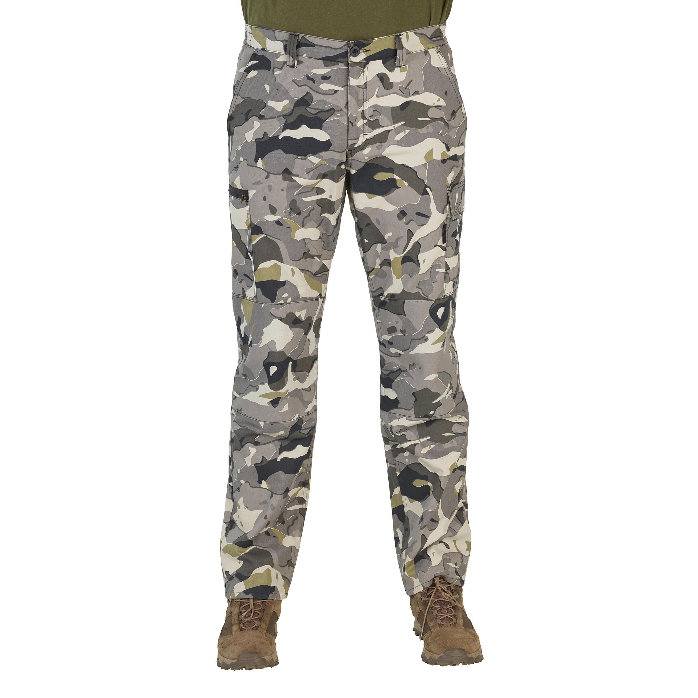 Pantalon Cargo Hombre Solognac Steppe 300 Camuflaje Militar Woodland Gris