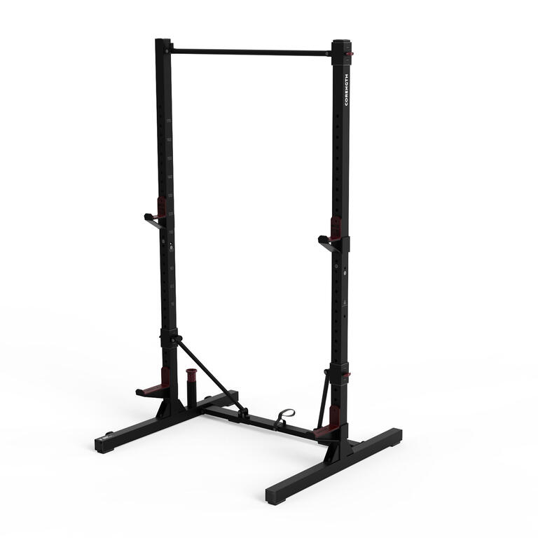 Fold-down compact weight training rack for squats and pull-ups