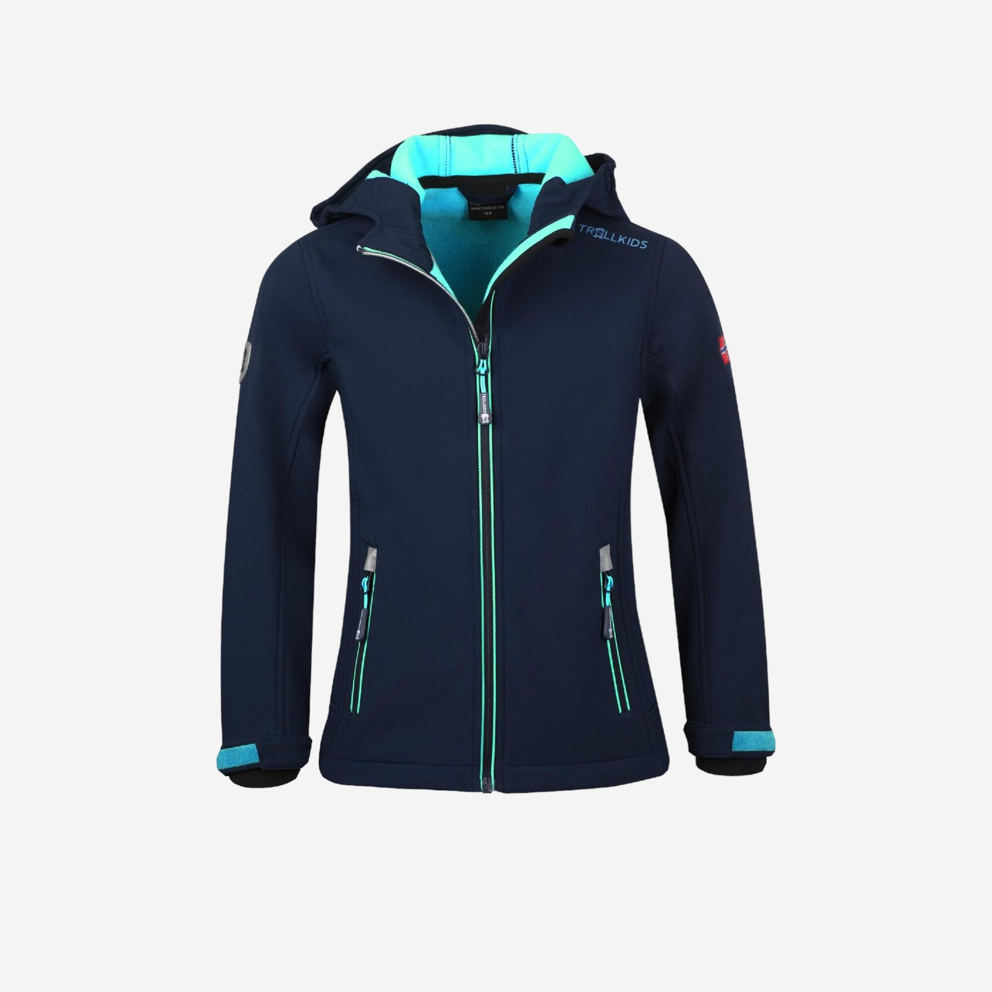 VESTE SOFTSHELL IMPERMEABLE DE RANDONNÉE JUNIOR - TROLLFJORD BLEU/MENTHE 1/2