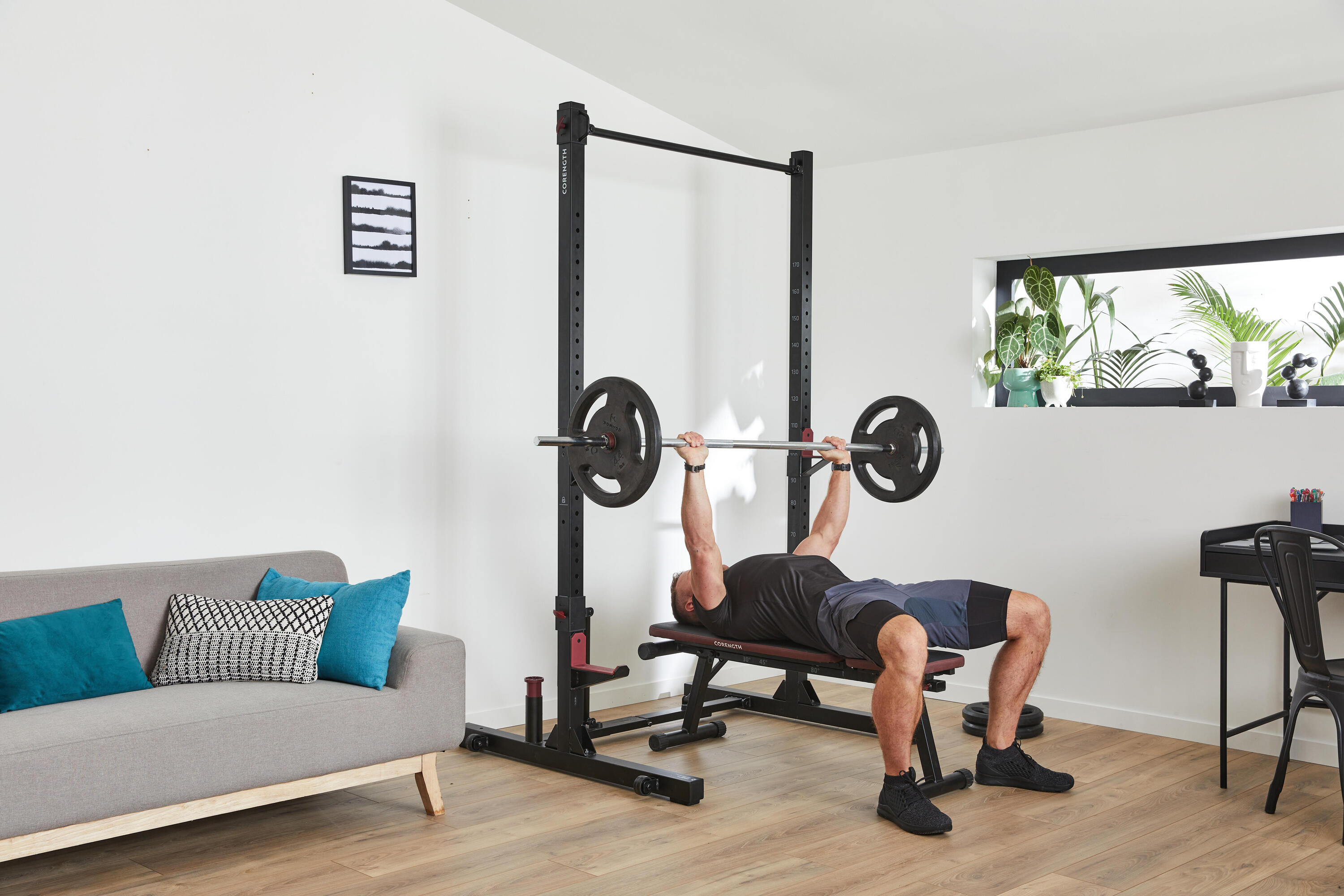 Rack Musculación 500 Plegable/Retráctil Sentadillas + Bench + Dominadas 8/8