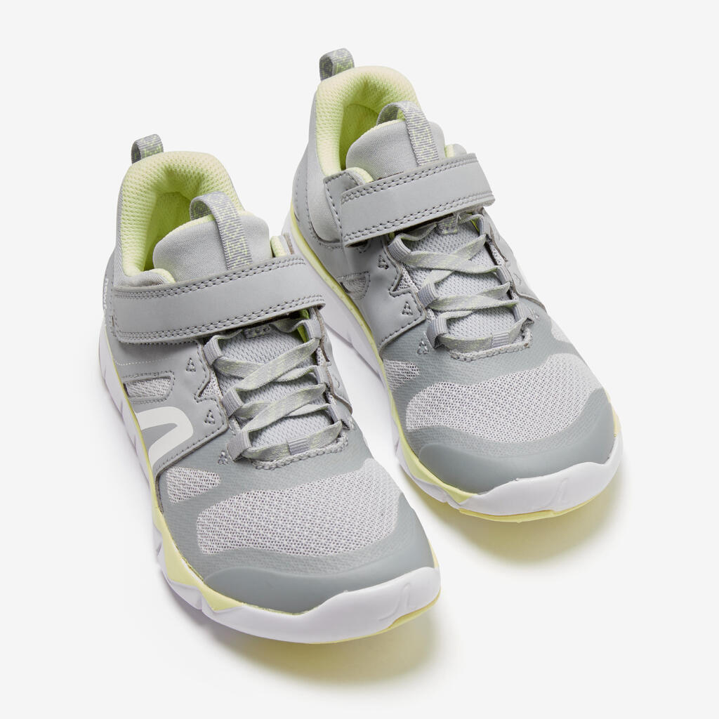 Kids' lightweight and breathable rip-tab trainers, grey/yellow