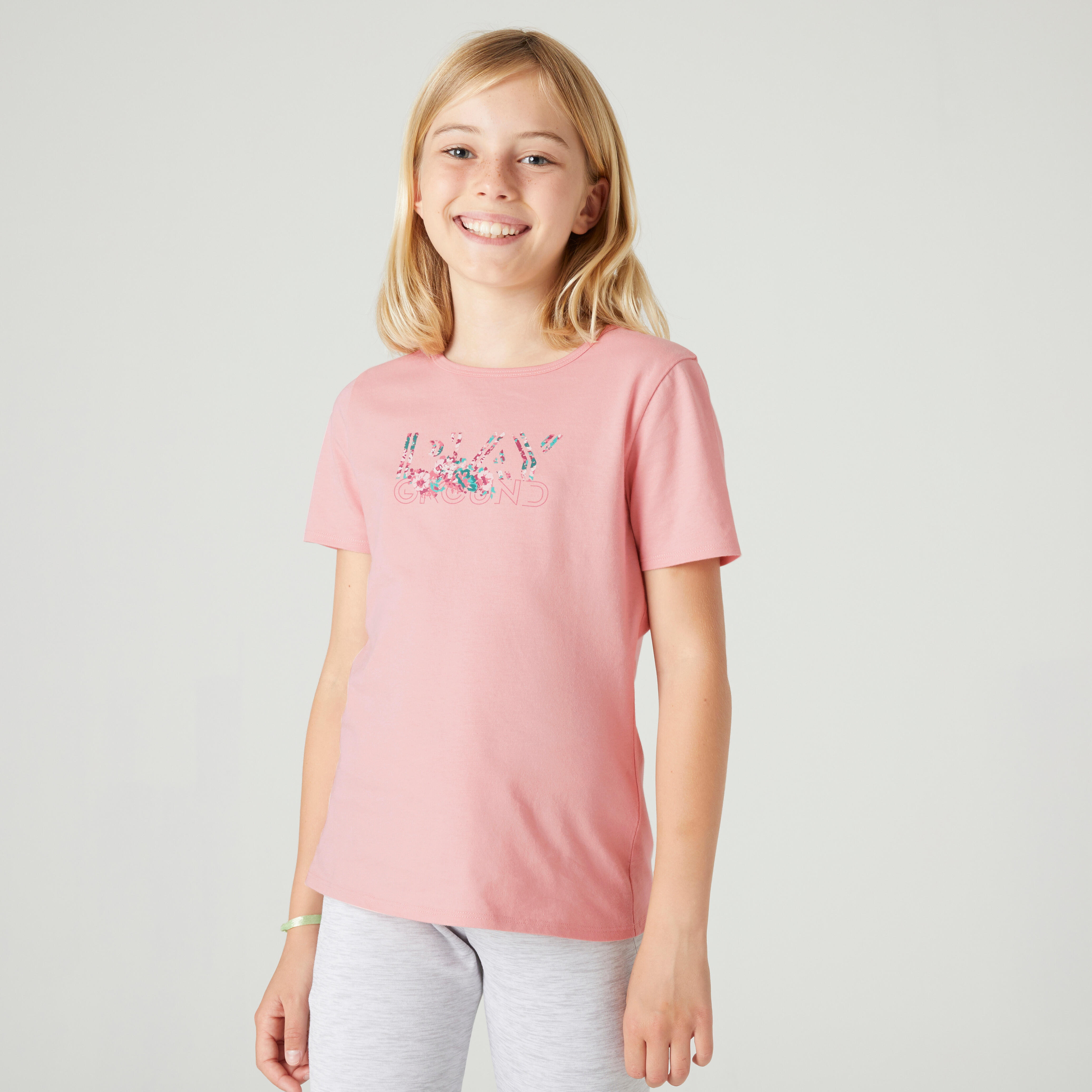 DOMYOS T.shirt de sport fille 14 ans Domyos gris blanc et rose manches courtes 