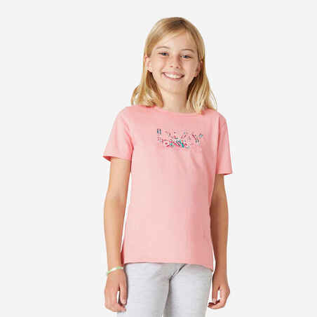 Vaikiški paprasti medvilniniai marškinėliai, rožiniai su raštu