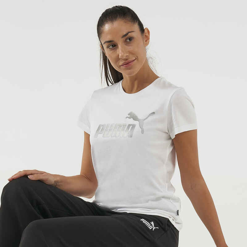 T-Shirt Fitness Damen Baumwolle - weiss mit silbernem Logo  Media 1