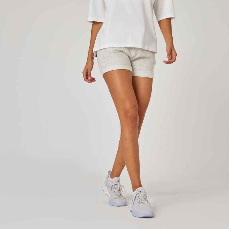 Women's Short Straight-Cut Cotton Fitness Shorts With Pocket - Light Mottled Grey