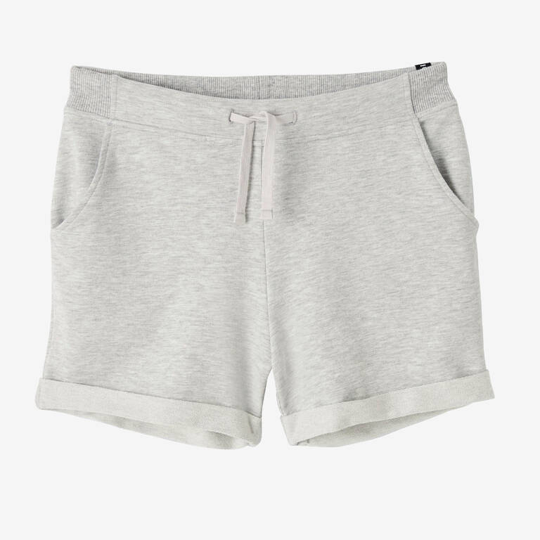 Women's Short Straight-Cut Cotton Fitness Shorts With Pocket - Light Mottled Grey