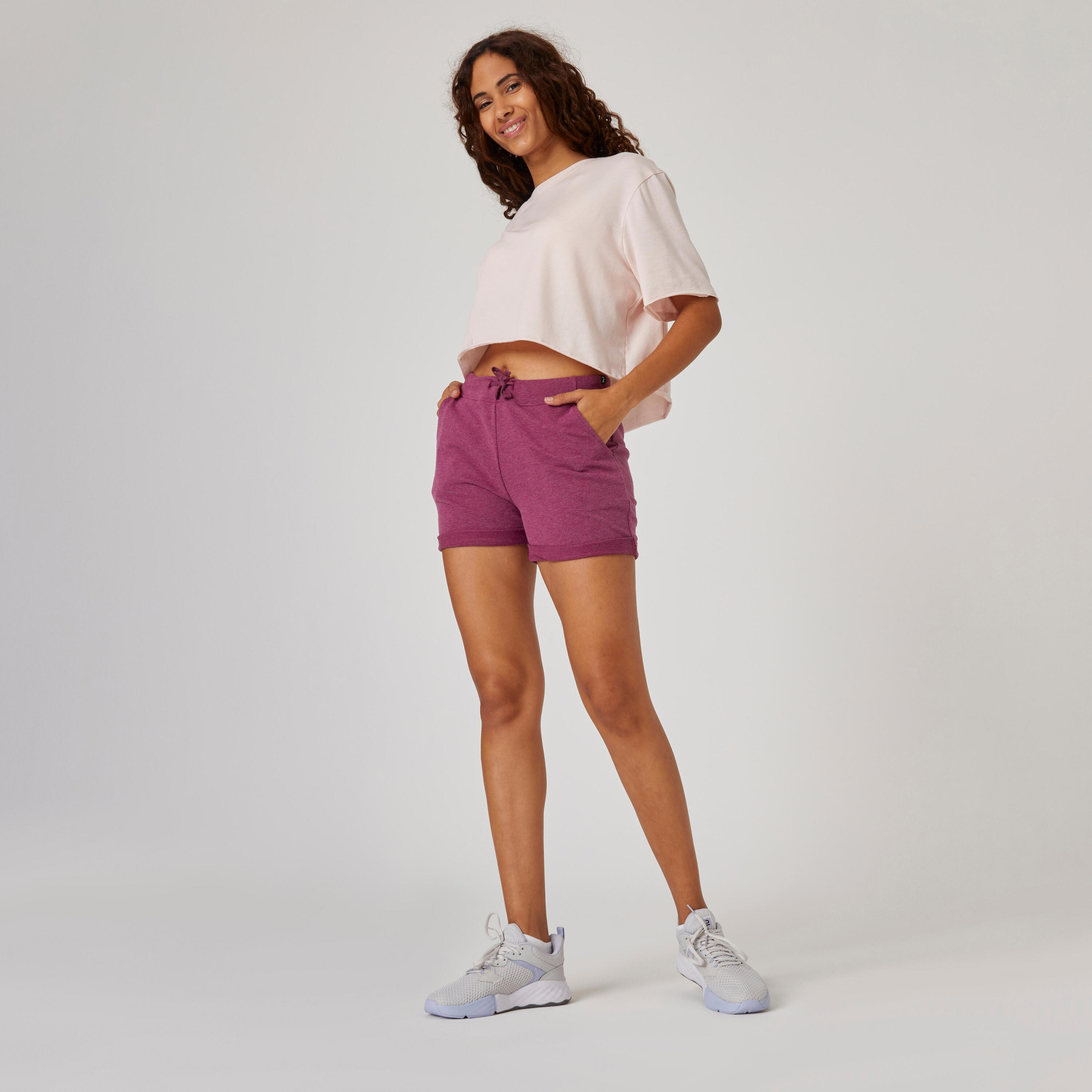 Women's Short Straight-Leg Cotton Fitness Shorts with Pocket - Purple 4/5