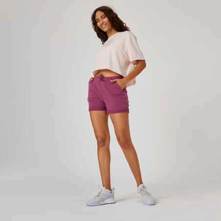 Women's Short Straight-Leg Cotton Fitness Shorts with Pocket - Purple