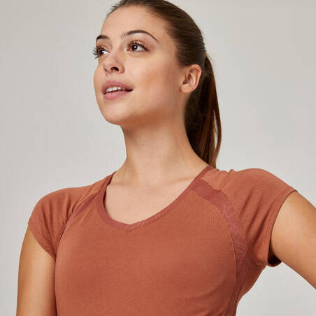 Women's Short-Sleeved Fitted V-Neck Stretchy Cotton Fitness T-Shirt 900 - Sepia