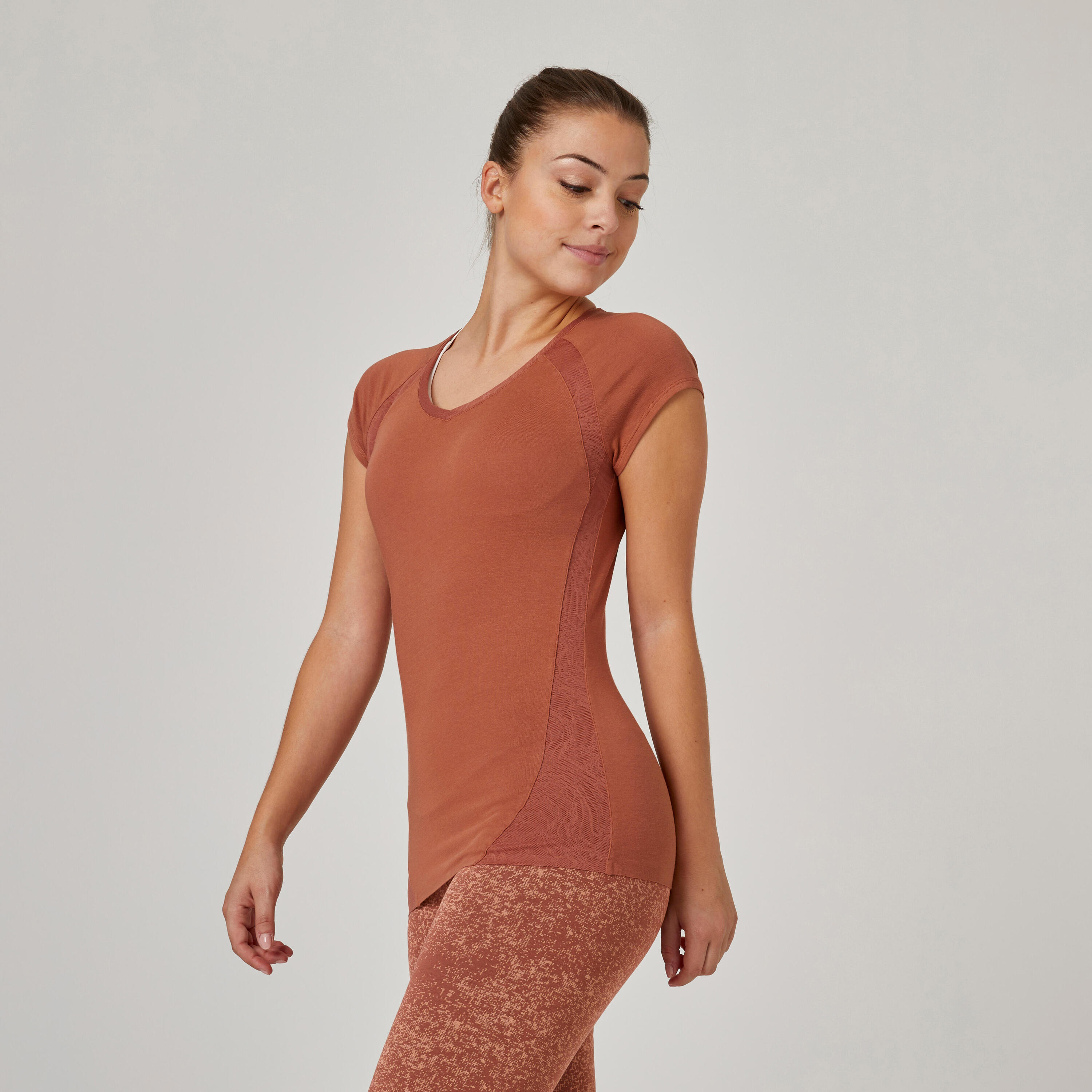 DOMYOS T-shirt donna fitness 900 slim misto cotone con trasparenze seppia