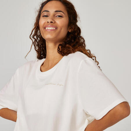 Футболка для фитнеса укороченная прямая с круглым вырезом хлопковая женская белая 520