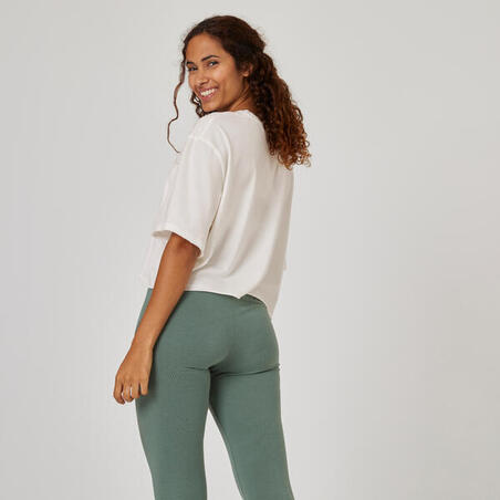 Футболка для фитнеса укороченная прямая с круглым вырезом хлопковая женская белая 520