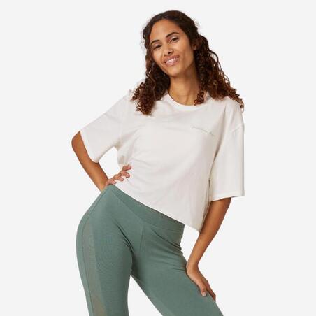 Футболка для фитнеса укороченная прямая с круглым вырезом хлопковая женская белая 520