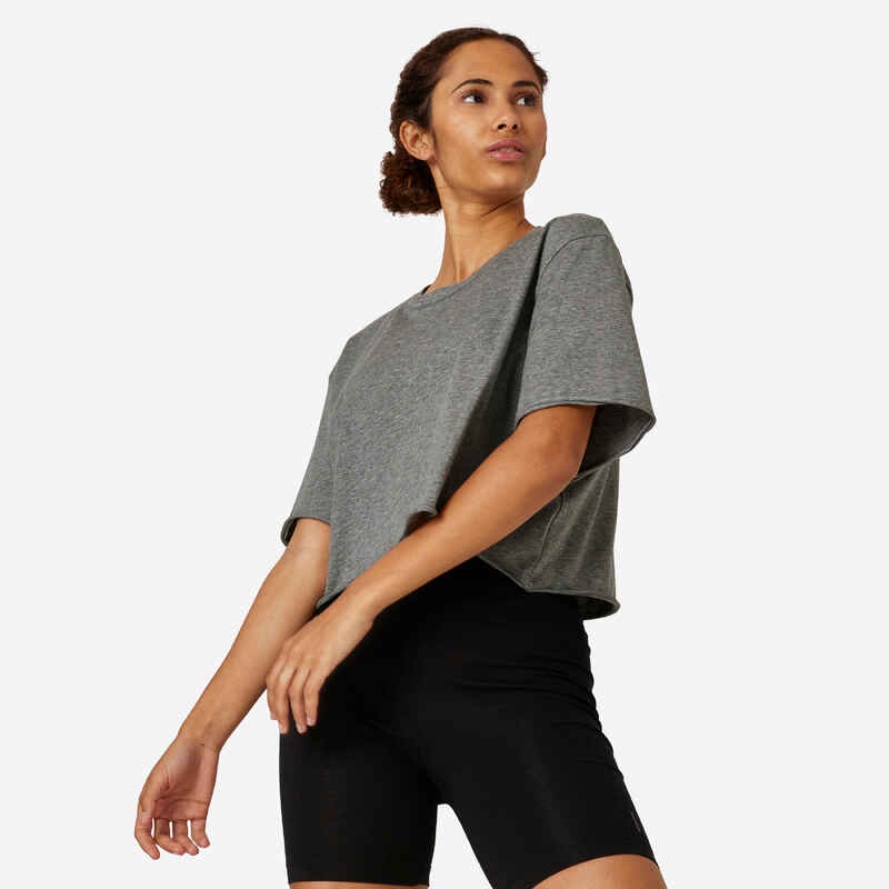 T-Shirt Fitness Crop 520 Top Rundhals Baumwolle Damen grau