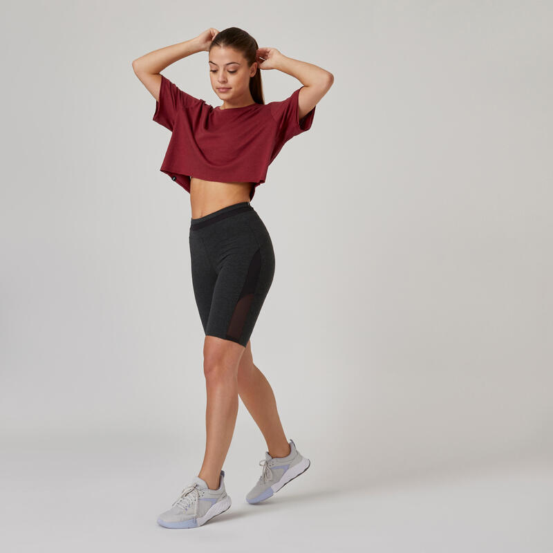 Cropped fitness T-shirt voor dames 520 bietenrood