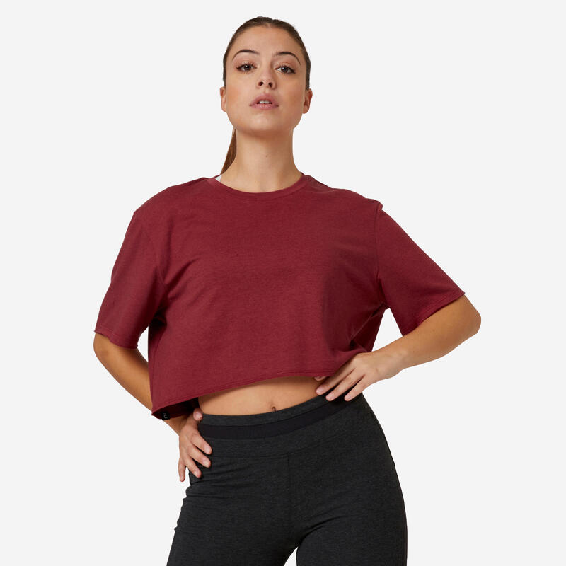 T-shirt crop top fitness manches courtes col rond coton femme - 520 Betterave