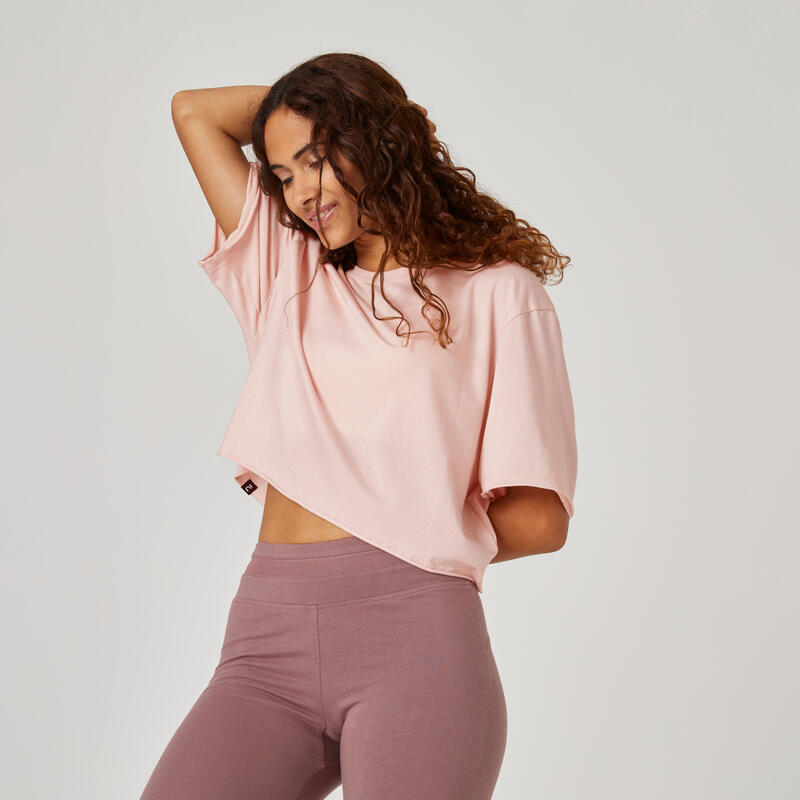 T-shirt crop top fitness manches courtes col rond coton femme - 520 Quartz rose