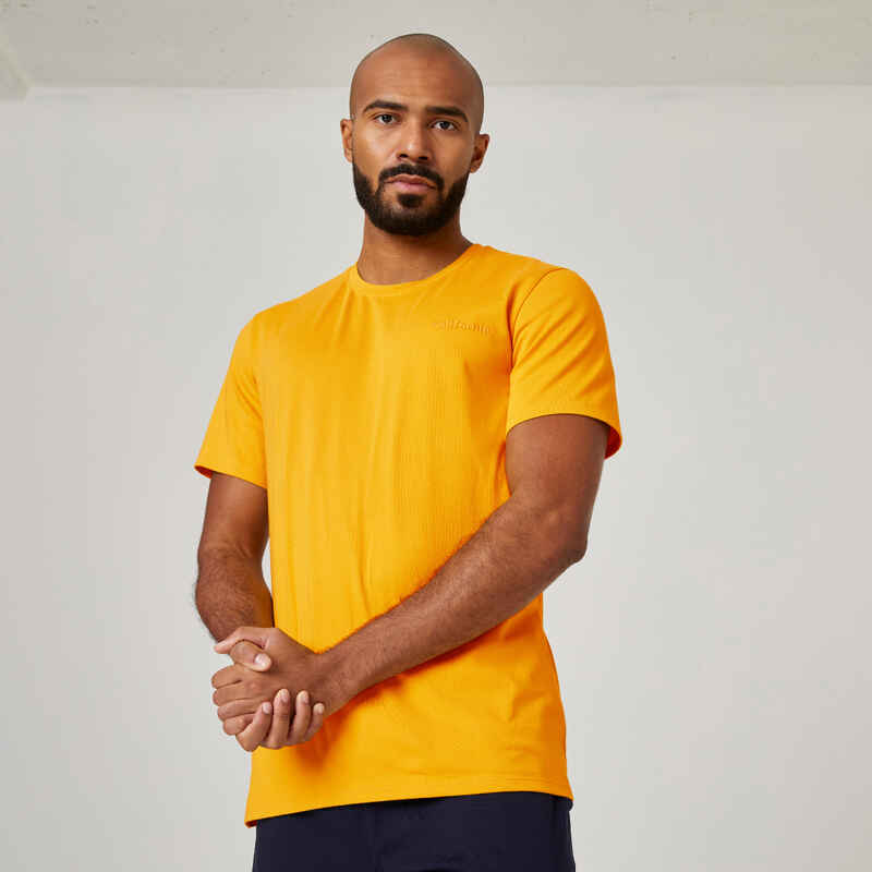 T-Shirt Fitness Baumwolle dehnbar Herren gelb bedruckt
