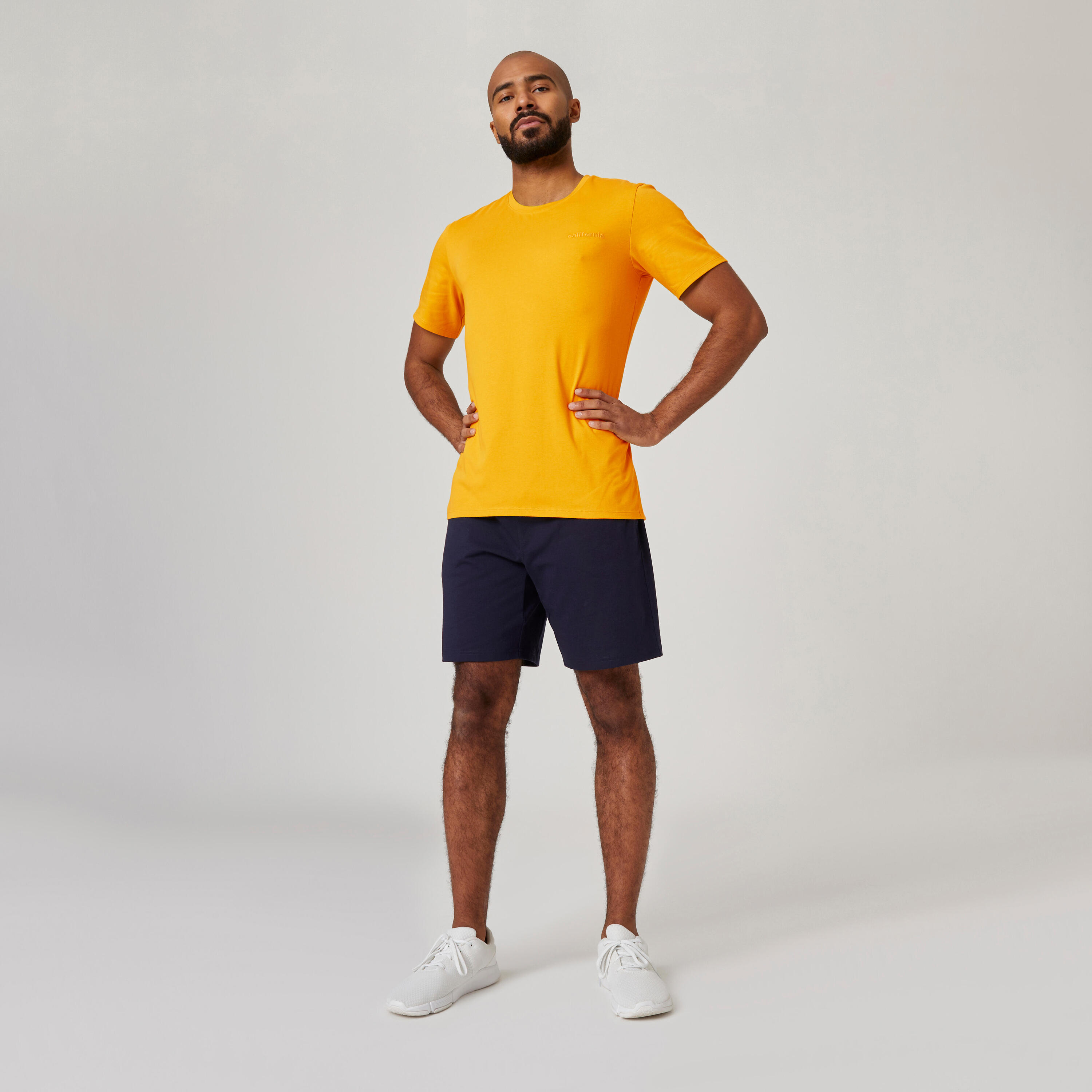Men's Short-Sleeved Straight-Cut Crew Neck Cotton Fitness T-Shirt 500 - Honey 3/5