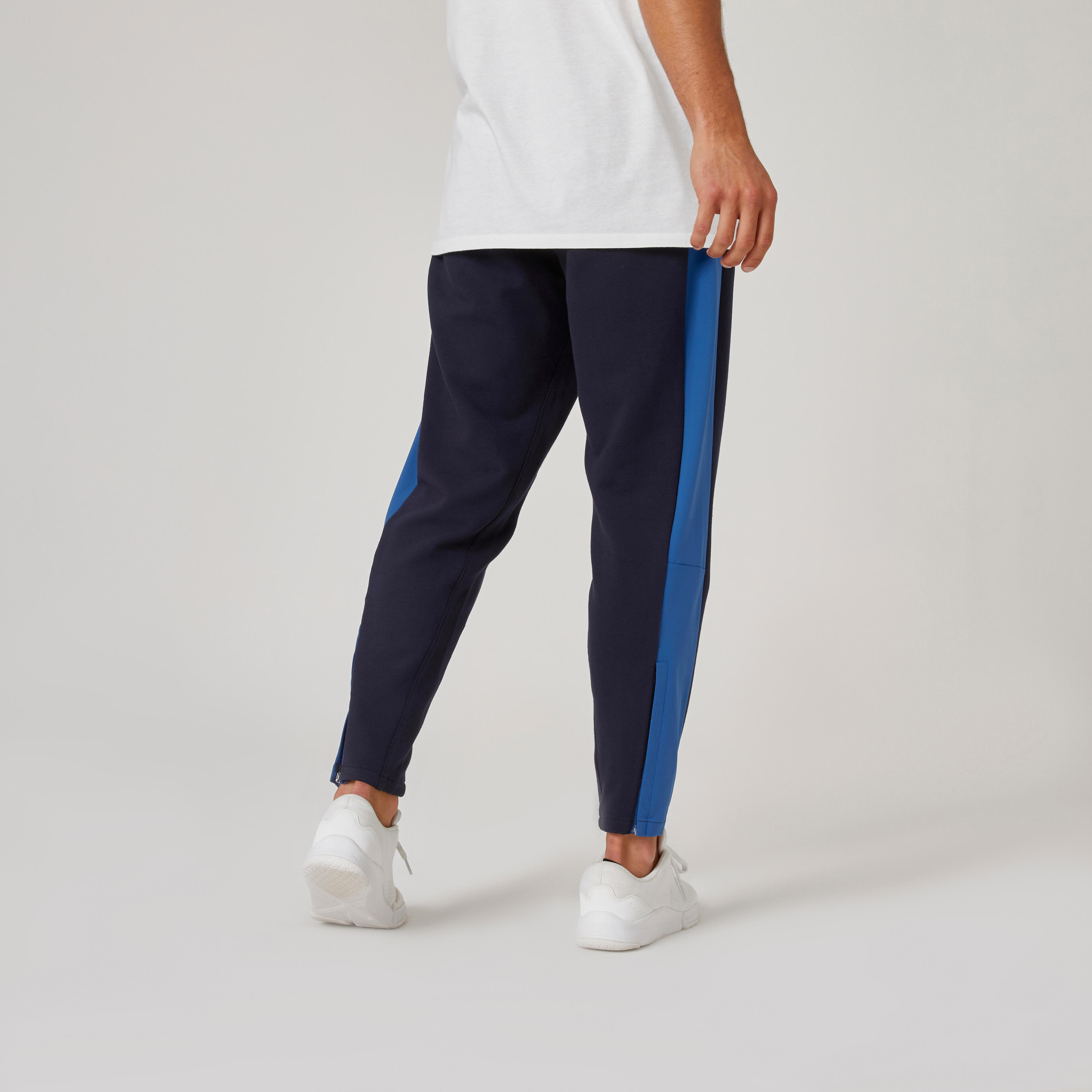 Men's Gym Track Pants Slim Fit Joggers 500 With Side Panel- Blue