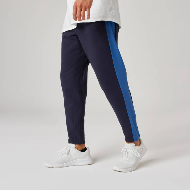 Men's Gym Track Pants Slim Fit Joggers 500 With Side Panel- Blue