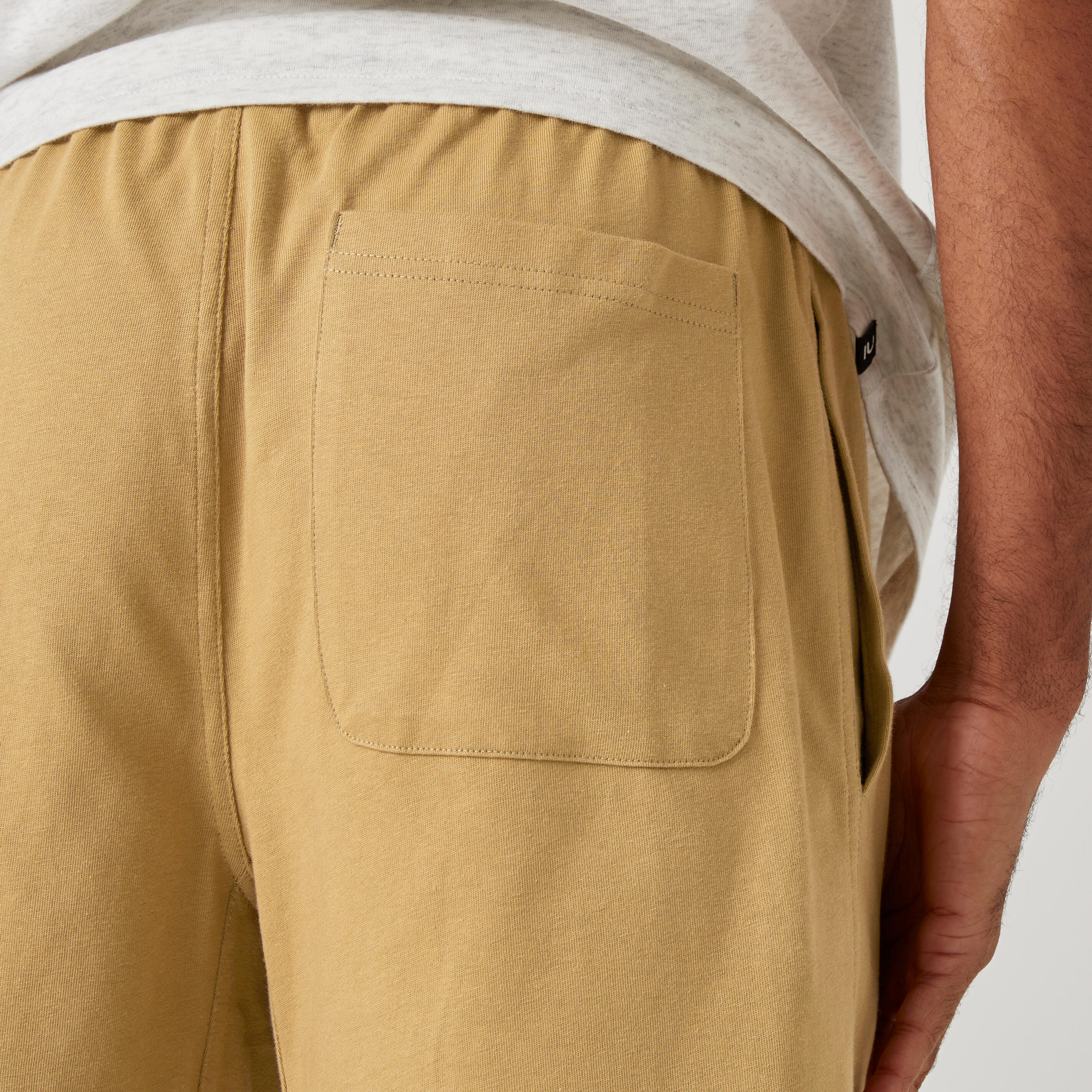 Men's Straight-Cut Cotton Fitness Shorts with Pocket - Beige 7/8