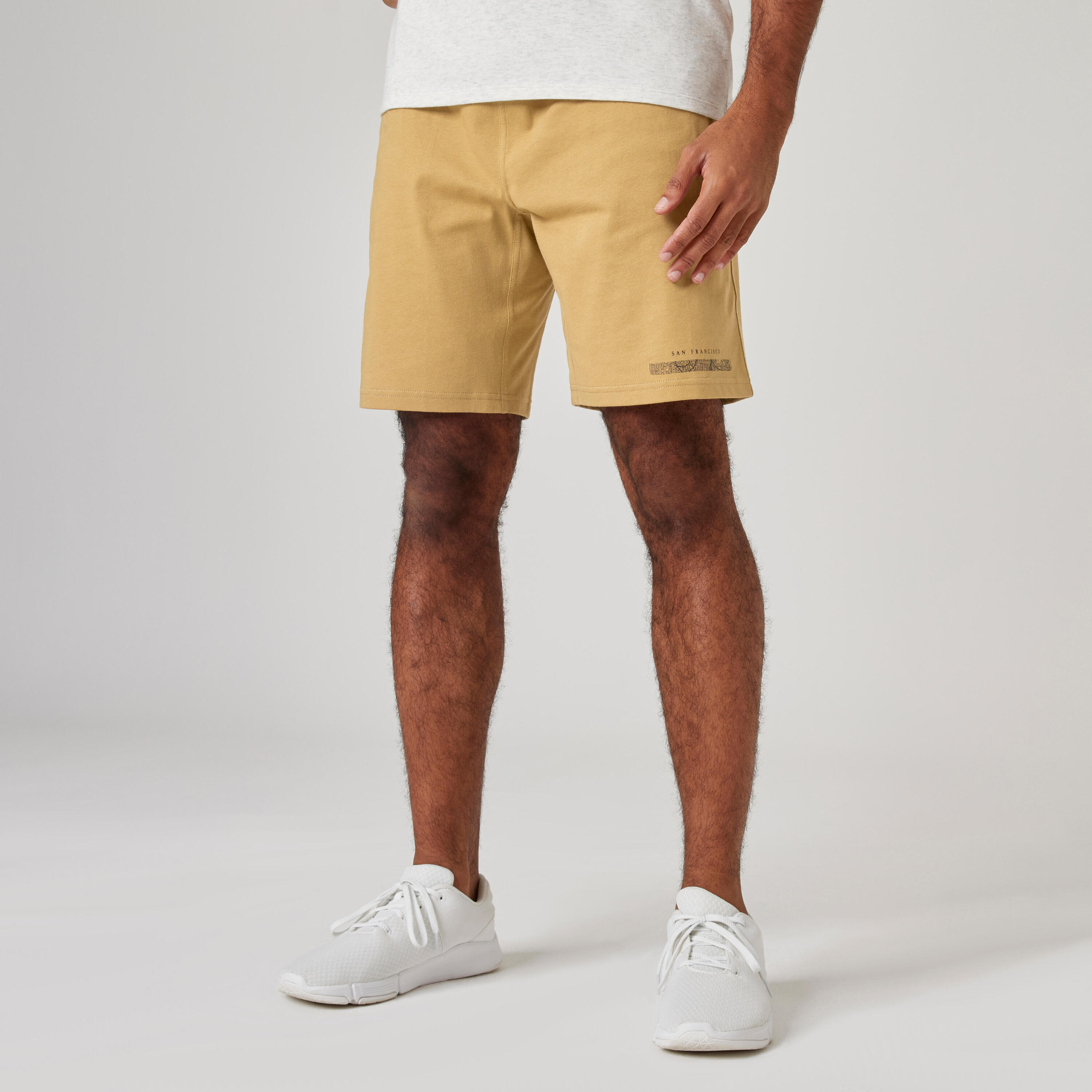 Men's Straight-Cut Cotton Fitness Shorts with Pocket - Beige 1/8
