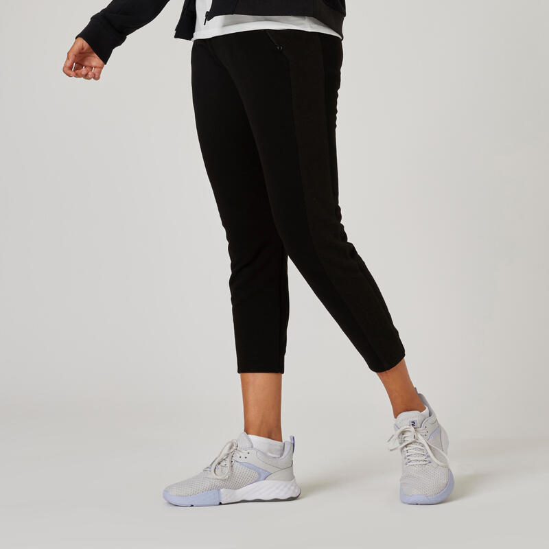 Pantalon jogging fitness femme coton majoritaire coupe droite 7/8 - noir