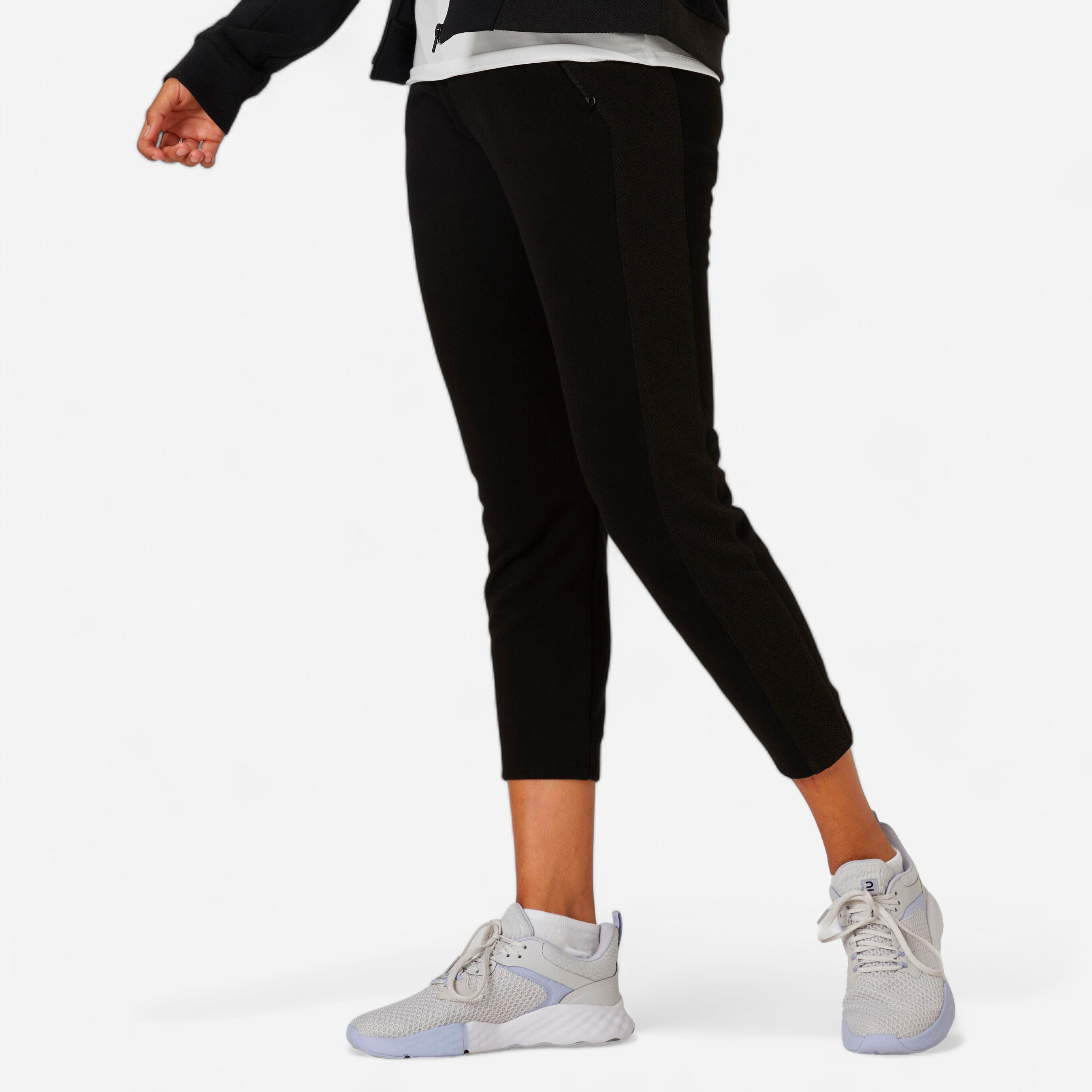 Pantaloni 7/8 donna fitness misto cotone tasche con zip neri DOMYOS |  DECATHLON