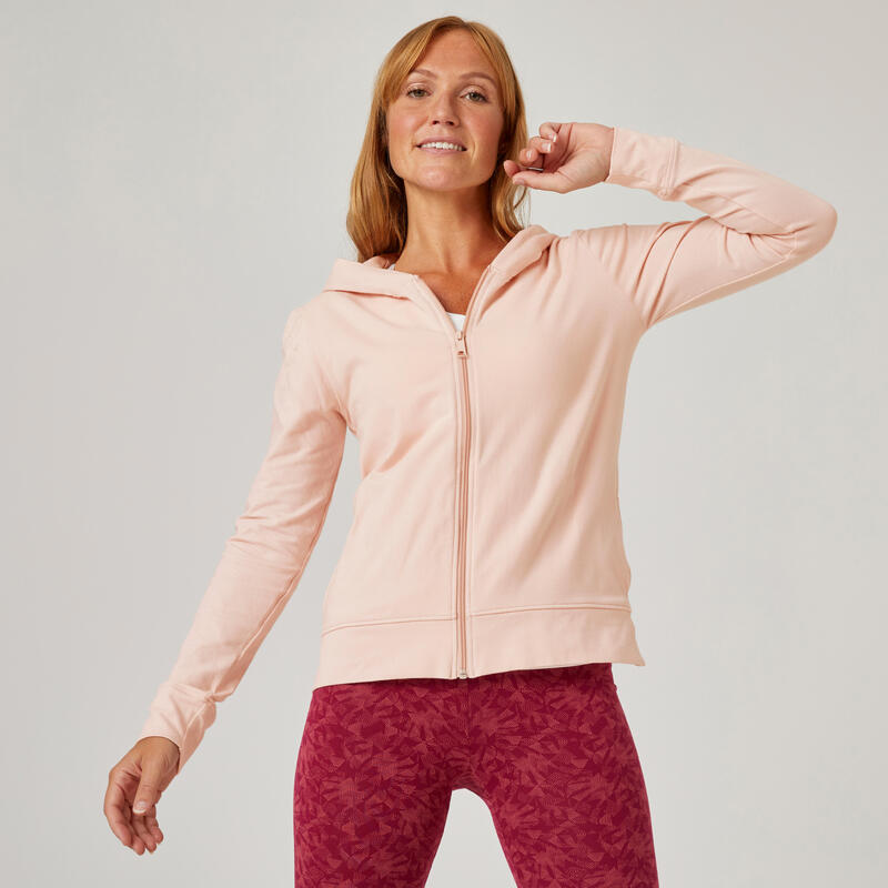 Felpa donna fitness 500 cotone leggero con cappuccio e zip rosa