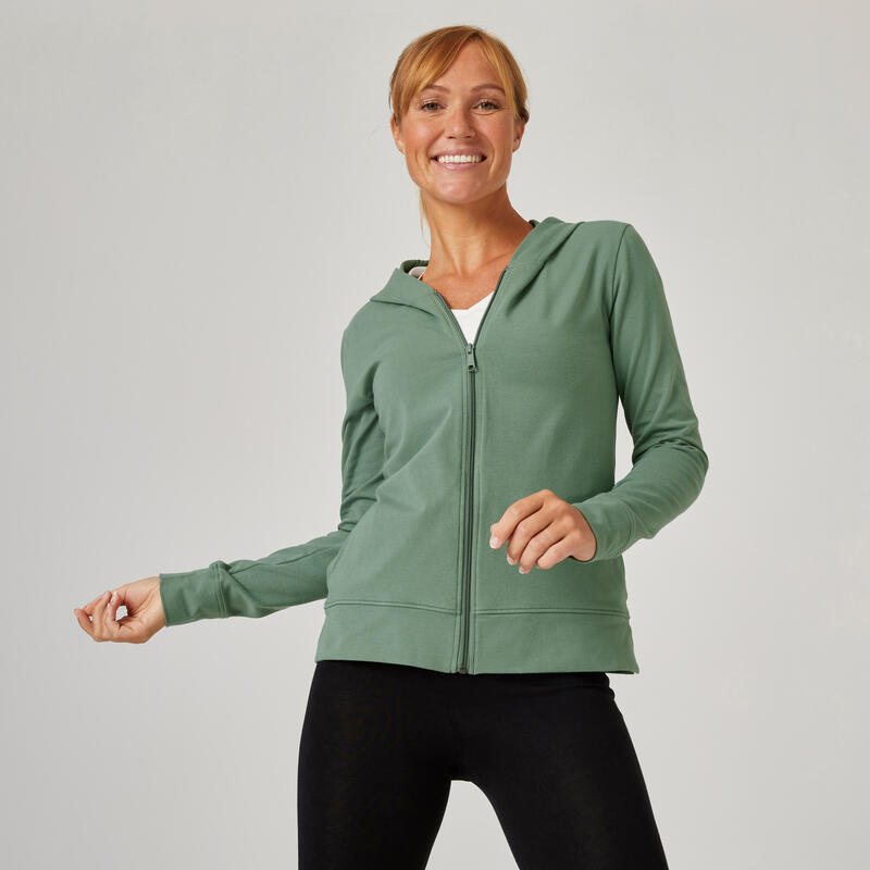 Women's Straight-Cut Crew Neck Zipped Sweatshirt with Pocket 500 - Green