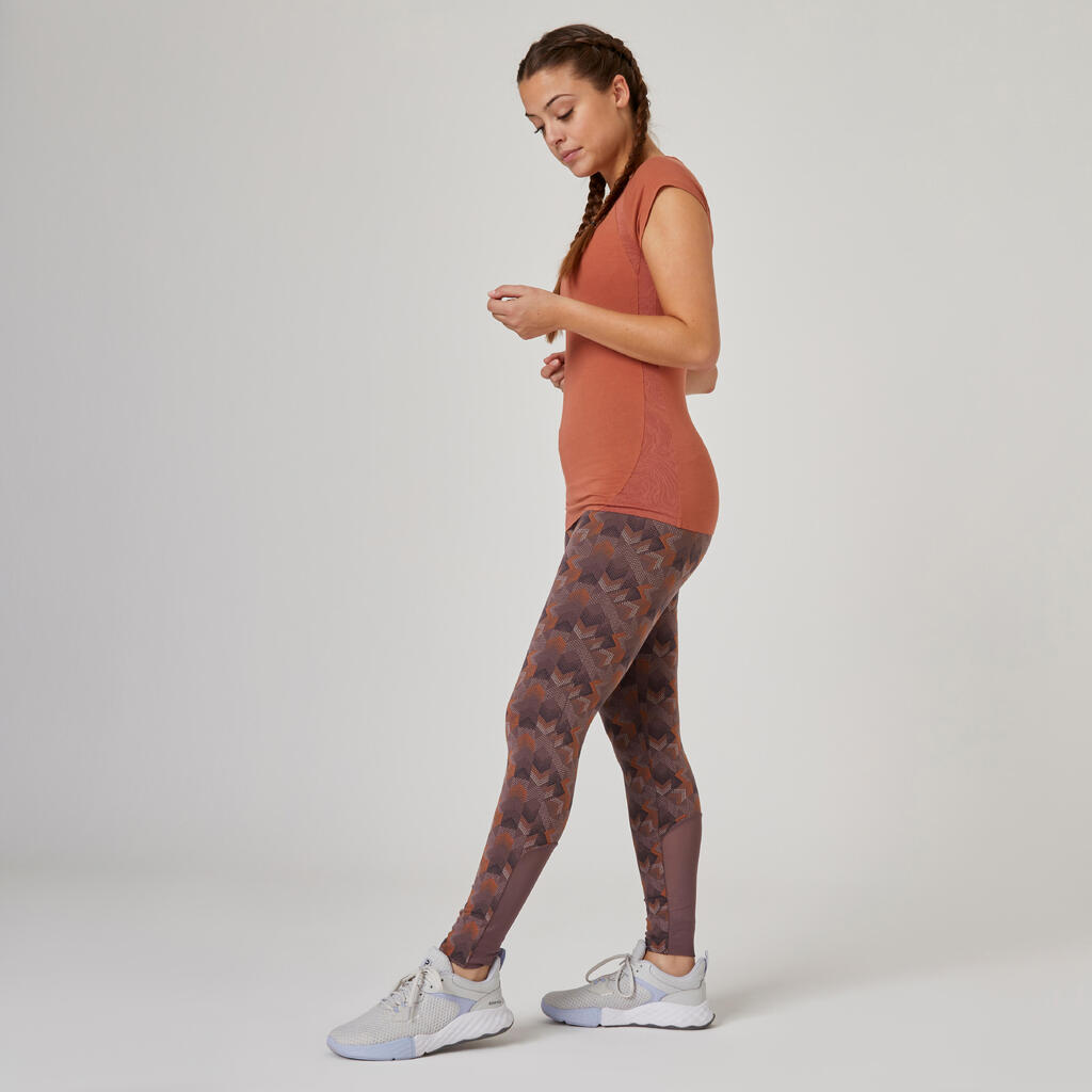 Stretchy High-Waisted Cotton Fitness Leggings with Mesh - Brown Print