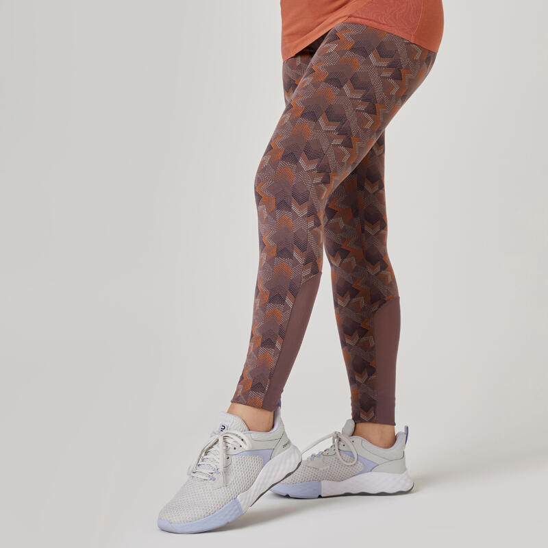 Stretchy High-Waisted Cotton Fitness Leggings with Mesh - Brown Print