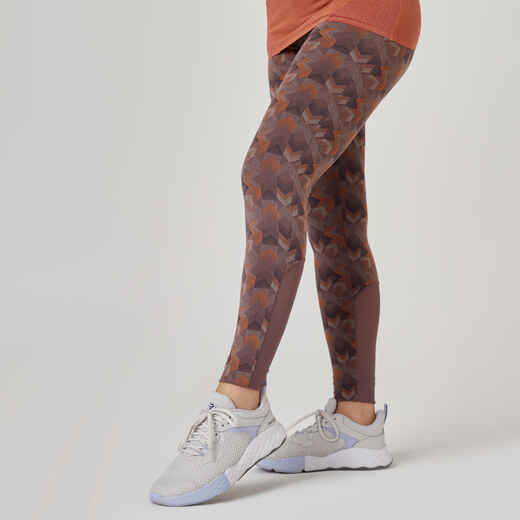 
      Stretchy High-Waisted Cotton Fitness Leggings with Mesh - Brown Print
  